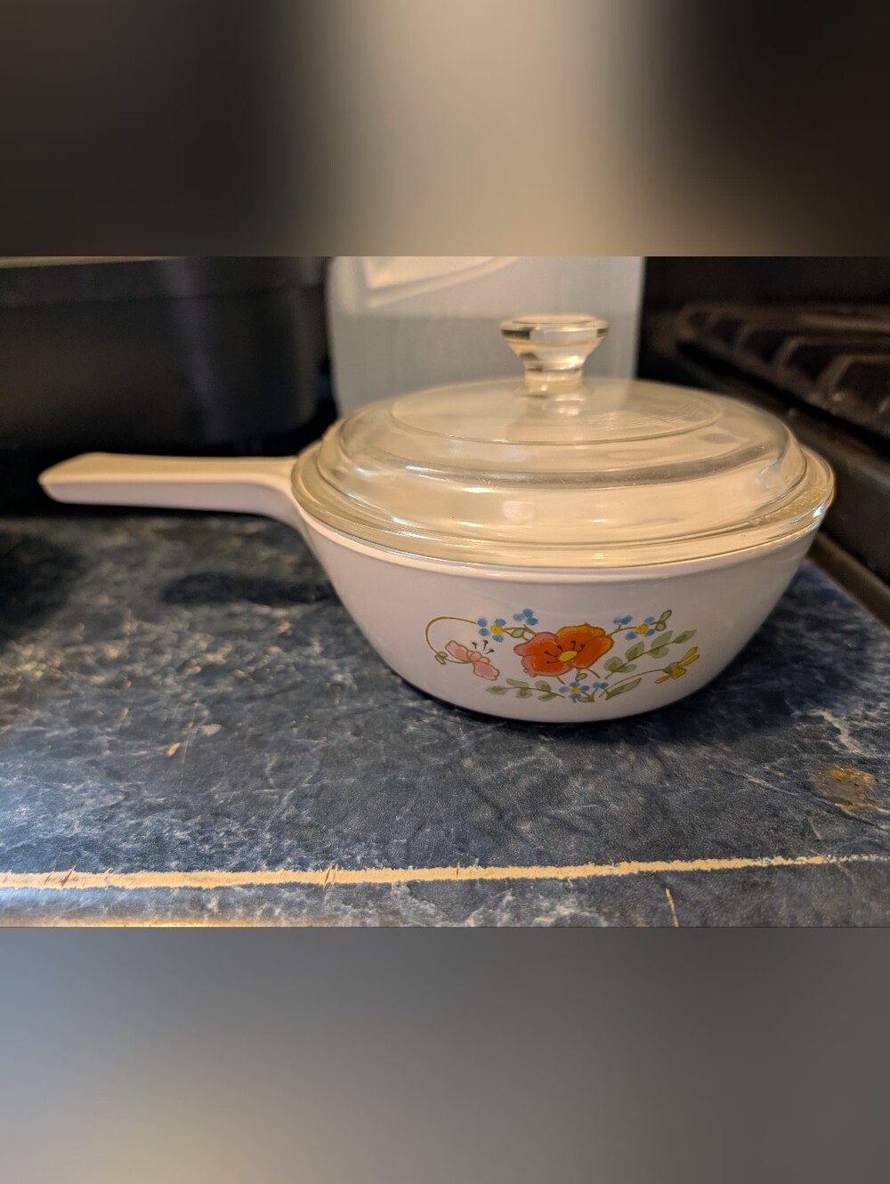 Corningware White Saucepan with Glass Lid and Floral Accent